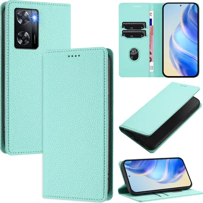 Produktbild von Litchi Leder Handyhülle für Oppo A57 4G/A77 4G/A57S/A57e/A77S Wallet Kartenfächer Standfunktion Hülle Türkis