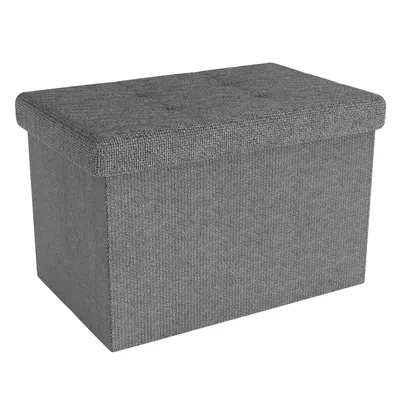A gray storage ottoman is shown against a white background.