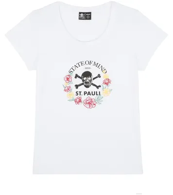 Produktbild von FC St. Pauli T-Shirt tailliert TK Floral 2026, Offizieller Fanartikel, Weißes Shirt mit Totenkopf-Motiv, 100% Baumwolle