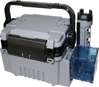 Produktbild von Leichter und tragbarer Angelkoffer aus robustem ABS-Material, doppeltem Stauraum, Rutenhalter, Becherhalter und Deckel als Arbeitstisch - Grau.