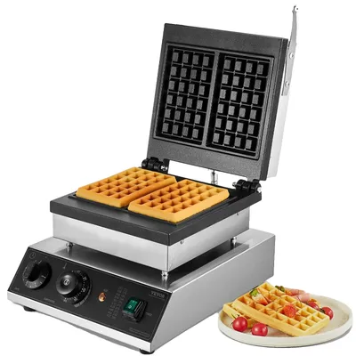 Productafbeelding van VEVOR commercieel wafelijzer, wafelmachine, 2000W, roestvrijstalen Belgisch wafelijzer met antiaanbaklaag, temperatuur- en tijdregeling, geschikt voor restaurants, bakkerijen, snackbars. Inclusief 2 wafels
