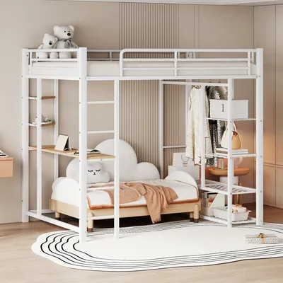 Produktbild von Hochbett mit Schreibtisch und Regal, 140x200 cm, Metallbett mit Lattenrost und Rausfallschutz, Jugendbett