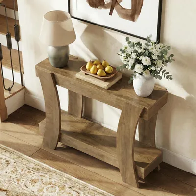 Image de Table console à deux niveaux, style industriel, couleur marron, dimensions : 120 x 35 x 80 cm