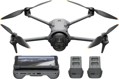 A DJI Mavic 4 Pro drone with accessories, including a controller and batteries, displayed against a white background.