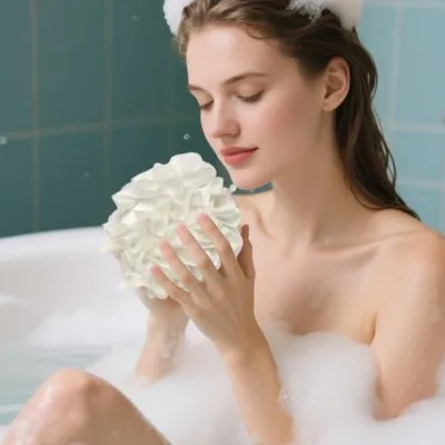 Produktbild von 2-in-1-Dusch-Luffa-Ball für sanftes Körperpeeling mit Seifenhalter, schnelltrocknend und wiederverwendbar für Rücken, Beine und Arme