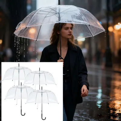 Produktbild von 4er-Set Transparenter Regenschirm mit Automatik, 85 cm Durchmesser, klarer Glockenschirm für Damen & Herren, robuster Stockschirm mit Einhand-Öffnung