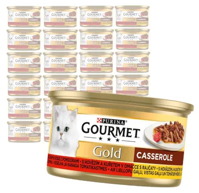 Produktbild von Purina Gourmet Gold Katzenfutter-Auflauf mit Rind- und Hühnerfleisch in Tomatensoße 24 x 85 g