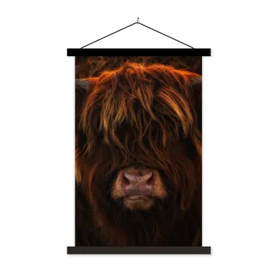 Produktbild von MuchoWow® Textilposter Schottischer Highlander - Kuh - Schwarz - Porträt 60x90 cm mit schwarzem Rahmen - Poster Wohnzimmer