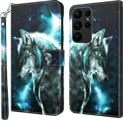 A wallet-style phone case with a wolf design.