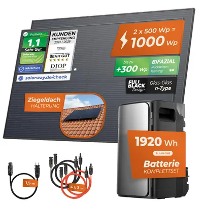 Produktbild von Solarway® 1000Wp / 800W Balkonkraftwerk mit 1,9kWh Speicher komplett Steckdose - 1,9 kWh EcoFlow Stream Max - Solaranlage Komplettset - 500W bifaziale Solarmodule & EcoFlow Speicher & Zubehör