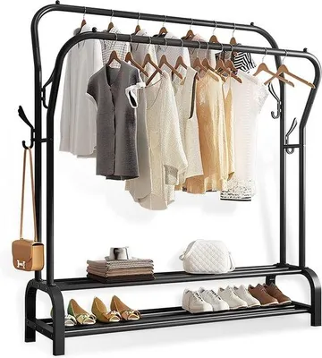 Produktbild von Unyqoos® Kleiderständer aus Metall, freistehend mit Doppelstange & Ablage, seitliche Haken, 110×33×145 cm, schwarz