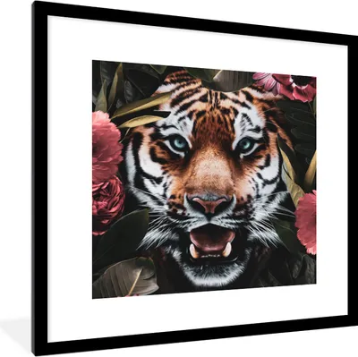 Produktbild von MuchoWow® MuchoWow® Gerahmtes Poster Tiger - Blumen - Dschungel 40x40 cm - Poster mit zchwarzem Bilderrahmen - Poster - Plakat im Rahmen