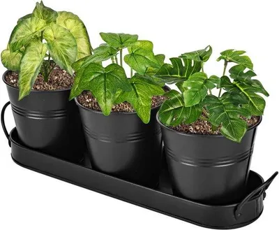 Produktbild von Keramik-Topf-Set mit Tropfenschale für Küchenfensterbank - 3er Set Kräuterpflanzen-Topf-Set