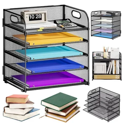 Image de Organisateur de bureau en métal, 5 compartiments, format A4, pour documents, couleur noire, idéal pour le bureau