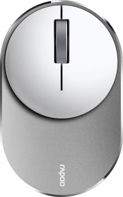 A top-down view of a silver and white wireless computer mouse.