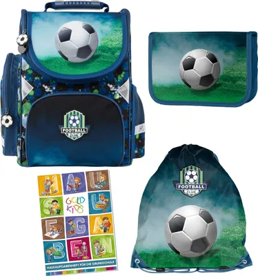 Produktbild von Schulranzen für Jungen, 4er-Set - Schul-Rucksack für Kinder mit Federmäppchen - Schuhbeutel und Hausaufgabenheft - Fußball Motiv
