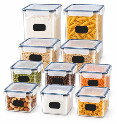 Produktbild von Relaxdays Vorratsdosen, 10er Set, mehrere Größen, luftdichter Klickdeckel, Etiketten, Lebensmittelbehälter, transparent, KI-generiertes Bild