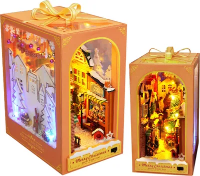 Obrázek produktu pro OKWISH 3D Puzzle – ručně vyráběná miniatura domečku s LED osvětlením a nábytkem, DIY Book Nook sada, dřevěná knižní zarážka, dekorace na polici