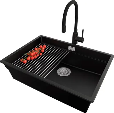 Produktbild von PRIMAGRAN Unterbauspüle Granit Schwarz 66x47cm, Spülbecken 1 Becken + Ablauf-Set + Küchenzubehörset, Granitspüle ab 70er Unterschrank - Praga