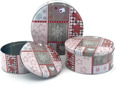 Produktbild von Heimtexland ® 3er Set Gebäckdosen Keksdose Vorratsdose Weihnachten Plätzchen Geschenkbox Lebensmittel Metalldosen Typ658 Patchwork rosa