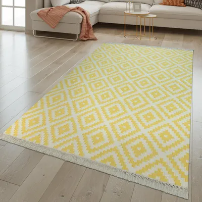 Produktbild von TT Home Handgewebter Fransen Trend Teppich | Moderne Marokkanische Muster | Gelb Weiß Größe 160x230 cm