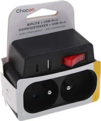 Image de UNIVERSEEL - Domino 2x16A avec USBA+USBC et interrupteur - noir - 48151