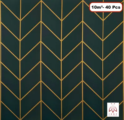 A repeating geometric pattern of gold lines on a dark green background.