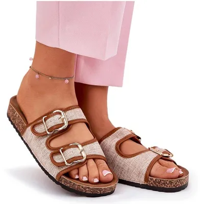 Produktbild von Stoff Damen Pantoletten auf Korkplattform mit Schnallen Camel Osoffe 40