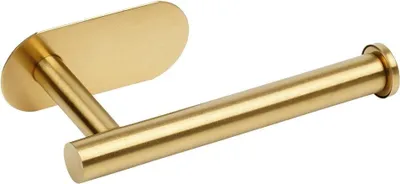 A gold-colored toilet paper holder mounted on a white background.