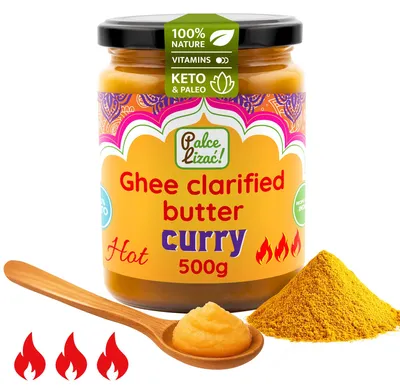 Produktbild von PALCE LIZAĆ Ghee Butter Curry scharf 500 g Geklärte | Ayurveda, Laktosefrei, Glutenfrei | Butterreinfett, nur aus der Milch von Weidekühen, Keto