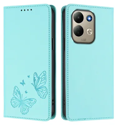 Image de Étui en cuir pour Xiaomi Redmi 17 4G/5G, avec motif papillon, type portefeuille rabattable avec support, couleur vert menthe