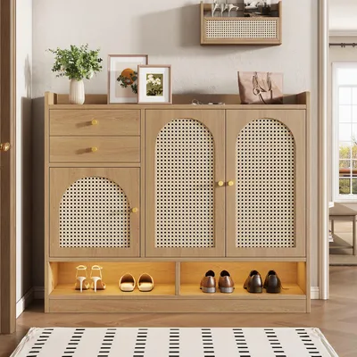 Productafbeelding van Flieks schoenenkast met rieten deuren, lades en LED-verlichting, dressoir met schoenenrek en opbergruimte, naturel, 120x35x100 cm, spaanplaat + MDF