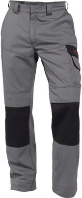 A pair of gray and black work pants is shown against a white background.