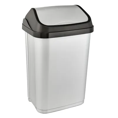 A product shot of a silver and black trash can with a swing lid, isolated on a white background.