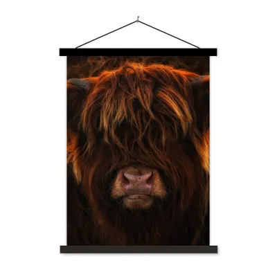 Produktbild von MuchoWow® Textilposter Schottischer Highlander - Kuh - Schwarz - Porträt 40x53 cm mit schwarzem Rahmen - Abbildung
