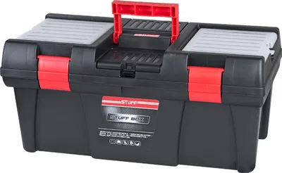 A black toolbox with red accents and gray lid inserts, shown from a front-facing angle.