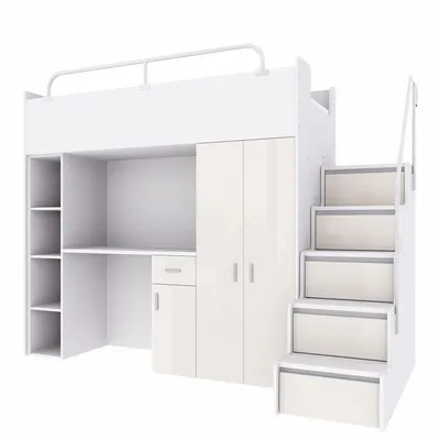 Produktbild von Marlux-Meble Hochbett JSM-4 90x200 mit Kleiderschrank Schreibtisch und Treppe Hochglanz Kinderbetten Funktionsbett Etagenbett Stockbett Kinderhochbett Jugendhochbett (Beige Glanz)
