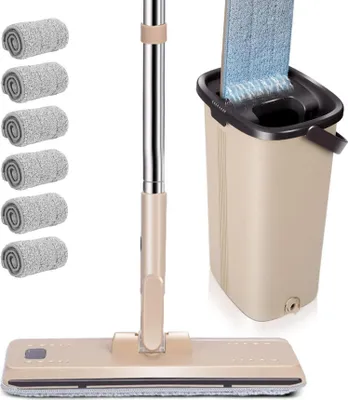 Immagine prodotto di Set di mop per pavimenti Masthome con secchio e 6 pad in microfibra - Mocio piatto con funzione di strizzatura - Marrone