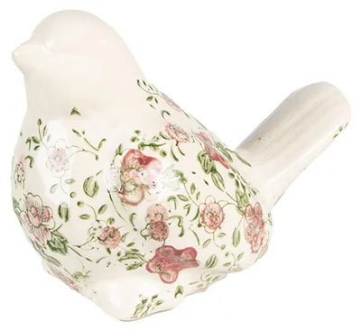 Productafbeelding van Clayre & Eef Figuur: Vogel, 19x11x14 cm, rozebeige keramiek, bloemenmotief