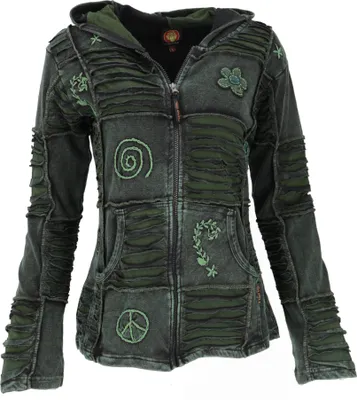 Produktbild von Goa Patchwork Jacke, Boho Kapuzenjacke - Dunkelgrün, Damen, Baumwolle, Größe: S