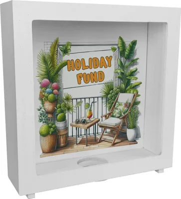 Produktbild von Urlaub auf Balkonien Urlaubskasse Rahmen Spardose aus Holz mit Spruch Holiday