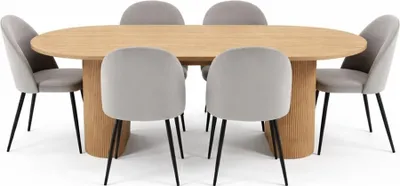 Produktbild von Kyoto Essgruppe Esstisch 100x210cm Natur, 6 Stühle Velours grau.
