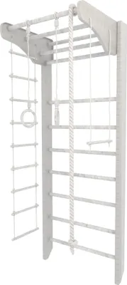 A white wooden children's climbing frame with various attachments.