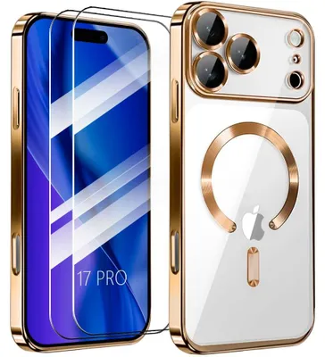 Image de Coque + 2 Verres Trempés pour iPhone 17 Pro, Protection TPU Transparent avec Cercle Magnétique Contour Doré