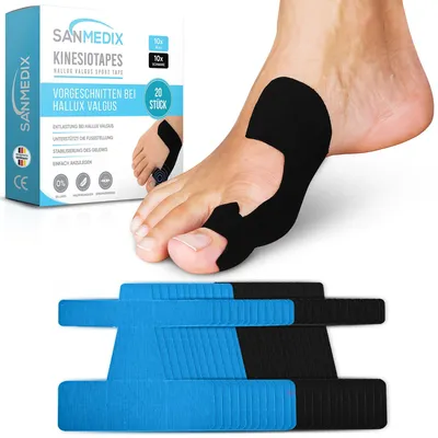 Produktbild von SANMEDIX Hallux Valgus Tape – 20 vorgeschnittene Kinesiologie-Tapes, Blau & Schwarz, KI-generiertes Bild