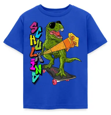 Produktbild von Spreadshirt Skater Dino mit seiner Schultüte Kinder T-Shirt, 110/116 (5-6 Jahre), Royalblau