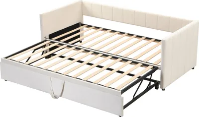 Produktbild von Polsterbett Ausziehbares Schlafsofa 90/180x200 cm (Ohne Matratze) mit Lattenrosten Multifunktionsbett aus hautfreundlichem Samtstoff Beige