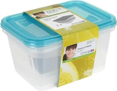 A product shot of two clear plastic food storage containers with blue lids, bundled together with a marketing sleeve.