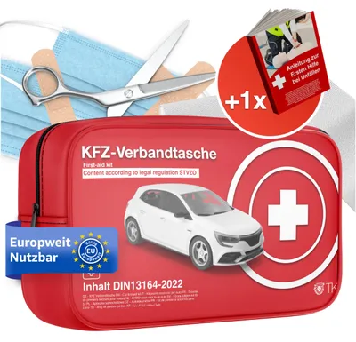Produktbild von Auto Verbandskasten - Neue Norm 2026 - DIN 13164 - STVO & 2x Maske Erste Hilfe KFZ Verbandstasche Kit First Aid Auto Zubehör