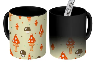 Obrázok produktu pre KitchenYeah® Magický hrnček Magický hrnček Magický vzor - Huby - Oranžový 350 ml Hrnček na zmenu farby Nápad na darček - Magický hrnček - Foto hrnček - Keramické hrnčeky - Obrázky - Šálka na kávu - Hrnček na nápoje - K